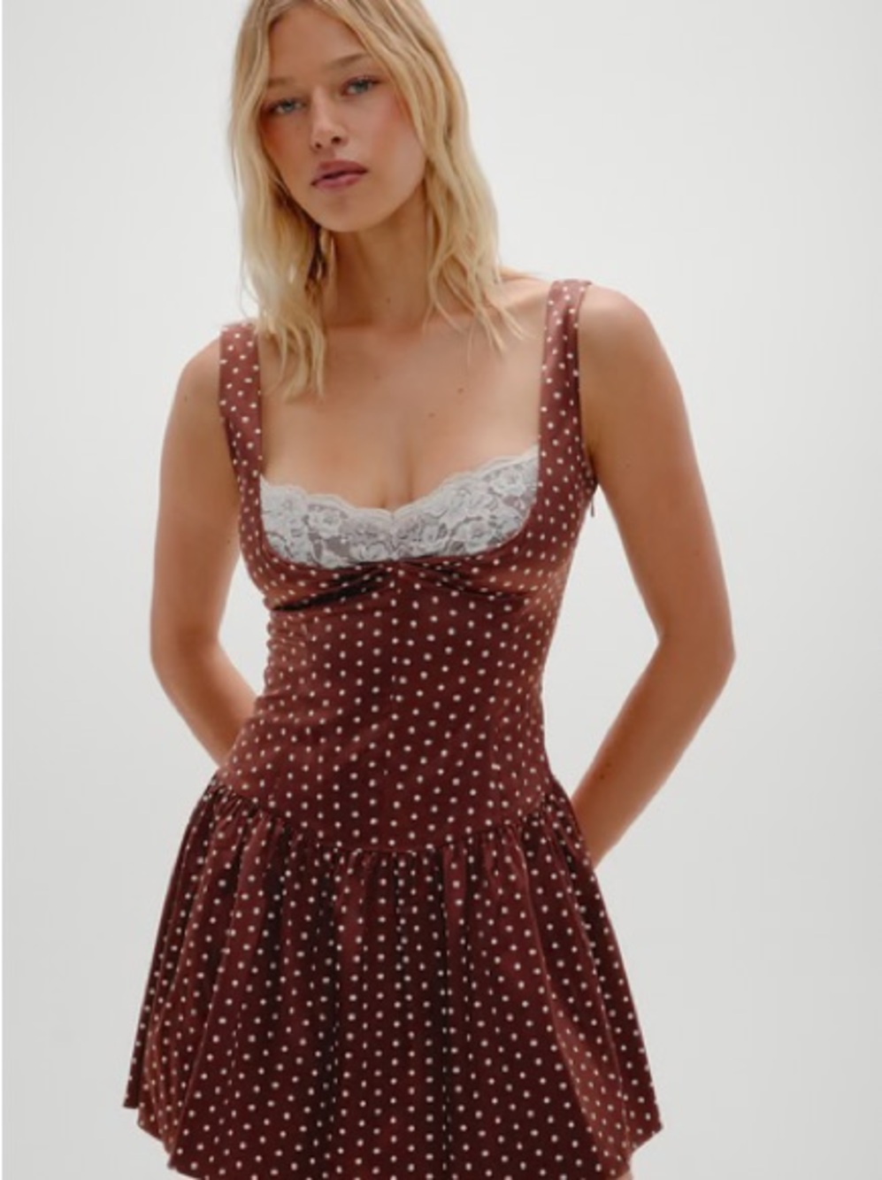 Frankie’s Bikinis Women’s Brown Polka Dot Lace-Trim Slip Dress